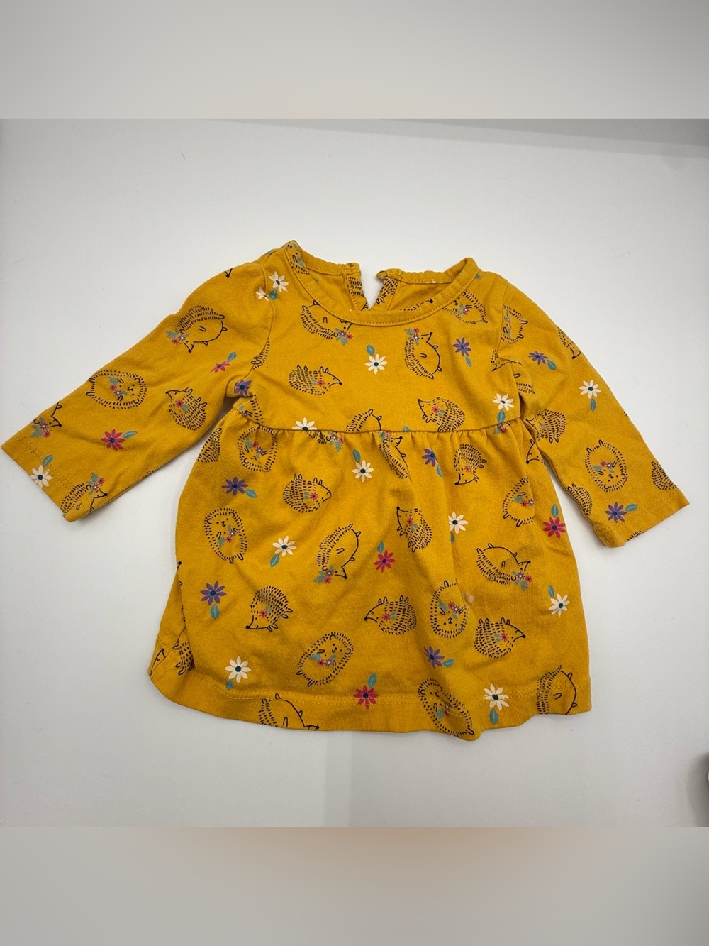 3 Month Long-Sleeve Yellow Floral Hedgehog Dress